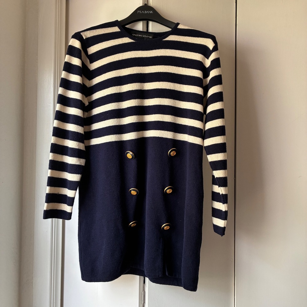 Vintage Andrea Jovine Fisherman core Wool Dress Womens Size XL Navy Blue Gold